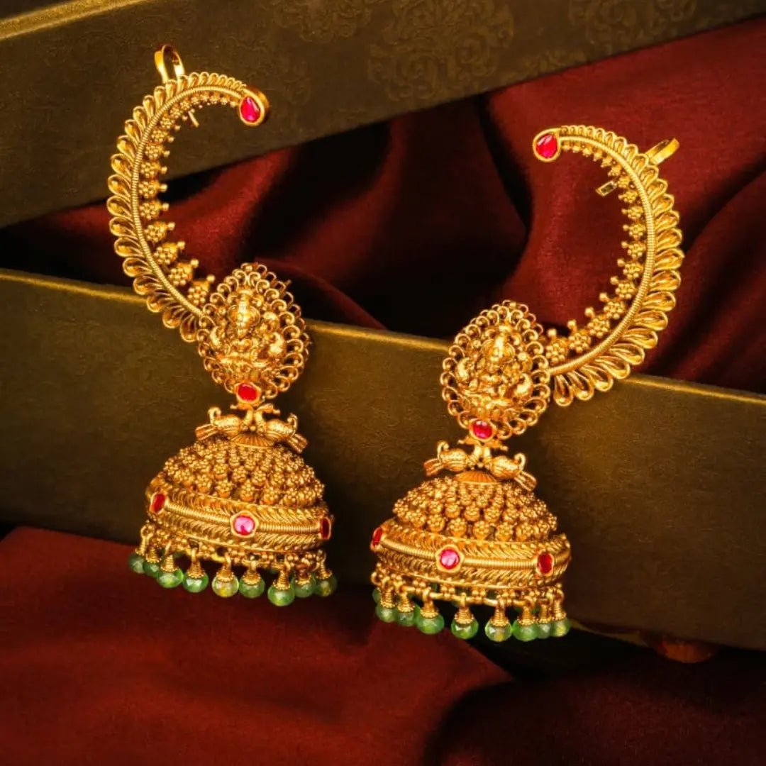 Kemp stone temple jhumka earrings gold plated — South Temple Jewellery