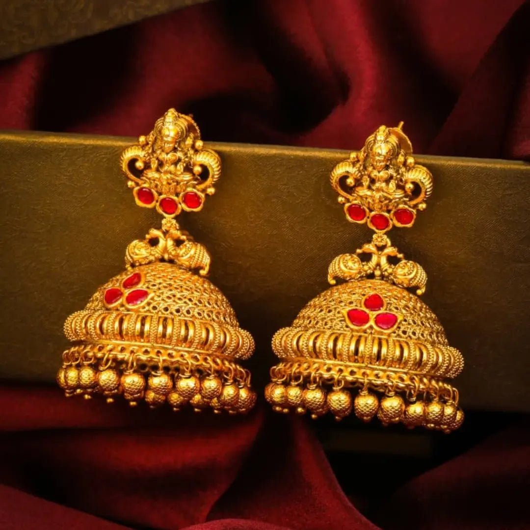 Jimikki kammal style gold jhumka earrings — South Temple Jewellery