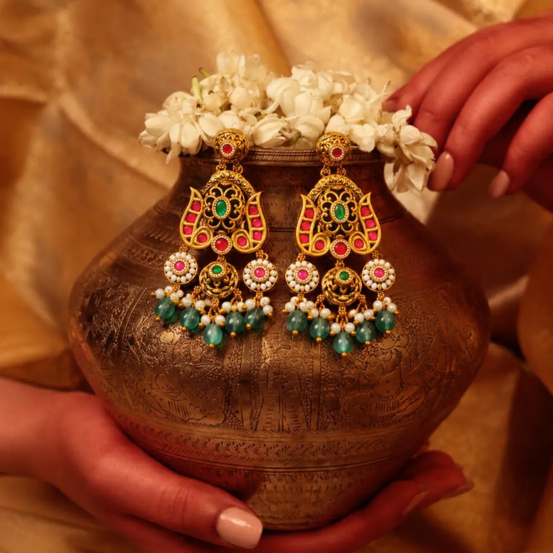 Gold jhumka earrings styled with Kanjeevaram saree — South Temple Jewellery bridal look